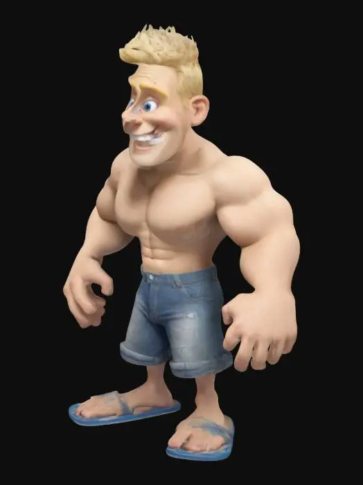 3D model for cartoon man symmetrical, one head,  very big head, small body and legs,  A-pose, disproportional hands and feet. Blond long, messy hair, exaggerated smile, exaggerated muscular, wering short jeans and blue flip-flops on feet