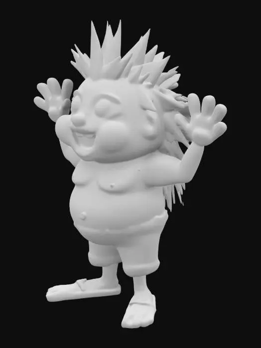 3D model for cartoon man symmetrical, one head,  very big head, small body and legs,  A-pose, disproportional hands and feet. Blond long, messy hair, exaggerated smile, exaggerated muscular, wering short jeans and blue flip-flops on feet