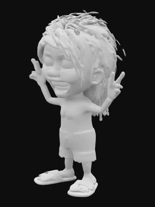 3D model for cartoon man symmetrical, one head,  very big head, small body and legs,  A-pose, disproportional hands and feet. Blond long, messy hair, exaggerated smile, exaggerated muscular, wering short jeans and blue flip-flops on feet