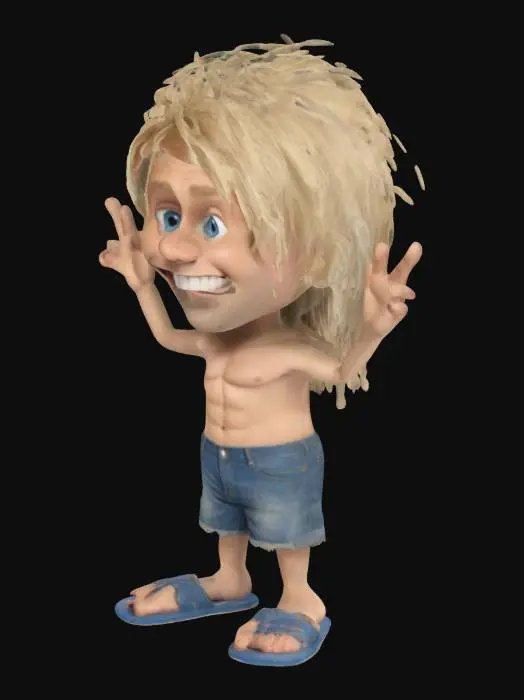 3D model for cartoon man symmetrical, one head,  very big head, small body and legs,  A-pose, disproportional hands and feet. Blond long, messy hair, exaggerated smile, exaggerated muscular, wering short jeans and blue flip-flops on feet
