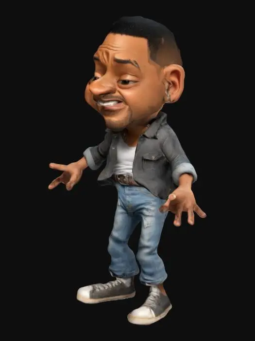 3D model for create a cartoon style, carricature of Bad Boys Will Smith, wearing an open shirt, long shabby jeans, a leather belt around his waist and sneakers, higly detailed. Exagerated features like head nose hands an feet