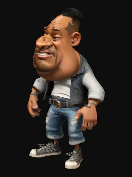 3D model for create a cartoon style, carricature of Bad Boys Will Smith, wearing an open shirt, long shabby jeans, a leather belt around his waist and sneakers, higly detailed. Exagerated features like head nose hands an feet