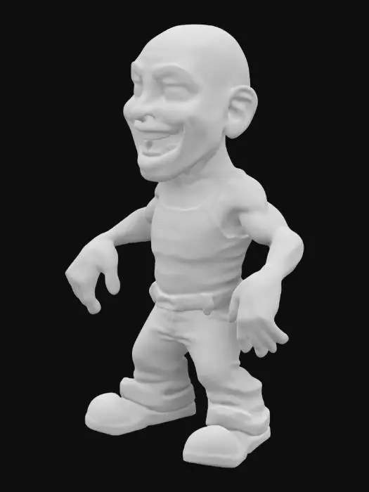 3D model for Caricature of Bruce Willis, Die Hard movies, very Large head with smooth exagerated facial features eyes, nose mouth, large hands, small bodywith only a dirty white undershirt and small legs, big feet, worn out dirty  cotton trousers trousers with belt around the waist, A-pose