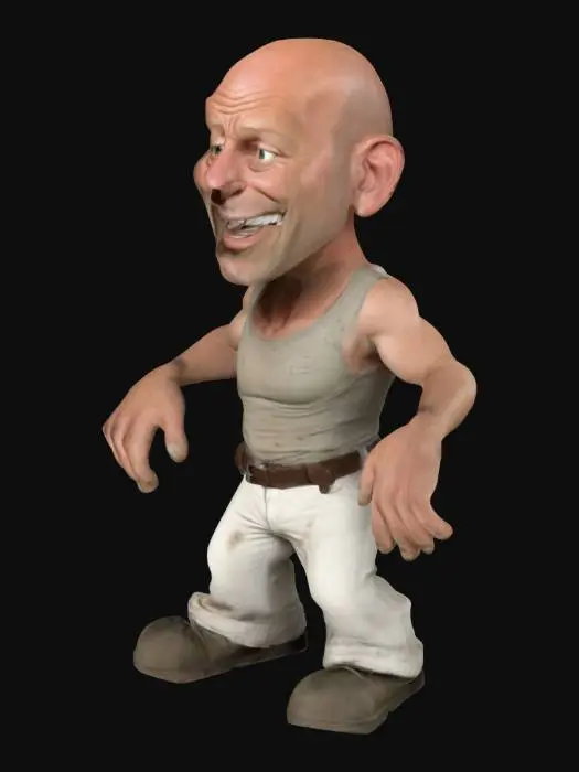3D model for Caricature of Bruce Willis, Die Hard movies, very Large head with smooth exagerated facial features eyes, nose mouth, large hands, small bodywith only a dirty white undershirt and small legs, big feet, worn out dirty  cotton trousers trousers with belt around the waist, A-pose