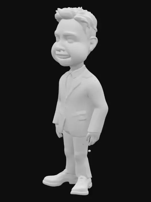 3D model for carricature Elon Musk, big head, small body, grey suit, black shiny shoes, a-pose, big hands and feet