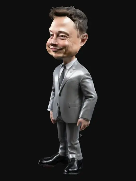 3D model for carricature Elon Musk, big head, small body, grey suit, black shiny shoes, a-pose, big hands and feet