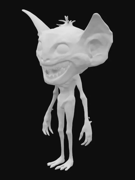 3D model for Skinny, Fantasy, Highly Detailed,  creature enormous head,  enormous facial features, nose, broad mouth with white teeth,  and large human like ears, small short body, thin arms and legs