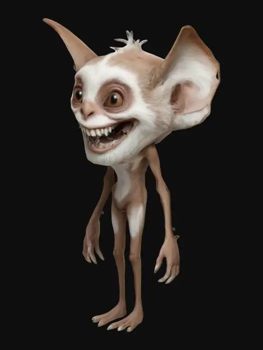 3D model for Skinny, Fantasy, Highly Detailed,  creature enormous head,  enormous facial features, nose, broad mouth with white teeth,  and large human like ears, small short body, thin arms and legs