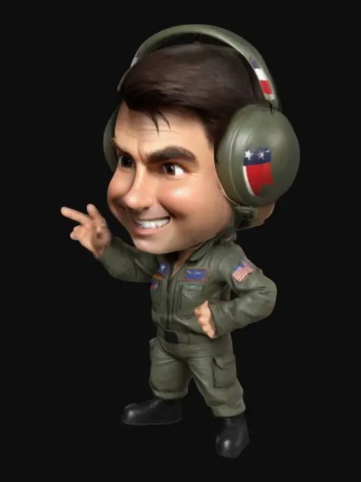 3D model for A , Highly Detailed, A-pose, Full Body, caricature of Tom Cruise Top Gun style.  Head 200% and  body and limbs 50%.
Big Smile