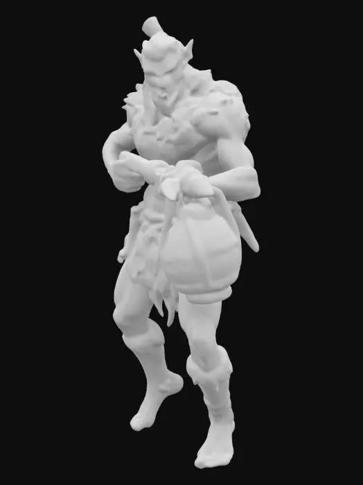 3D model for Prehistoric man, rough, broad in the shoulders wearing a skin of a prehistoric Cave bear, legs and bare large feet are dirty, also his hands are large and rogh. His weapon is large  a Catapult, loaded with a large , Highly Detailed, Ultra Realistic, hand
grenade. He is ready to shoot the hand grenade with the catapult.