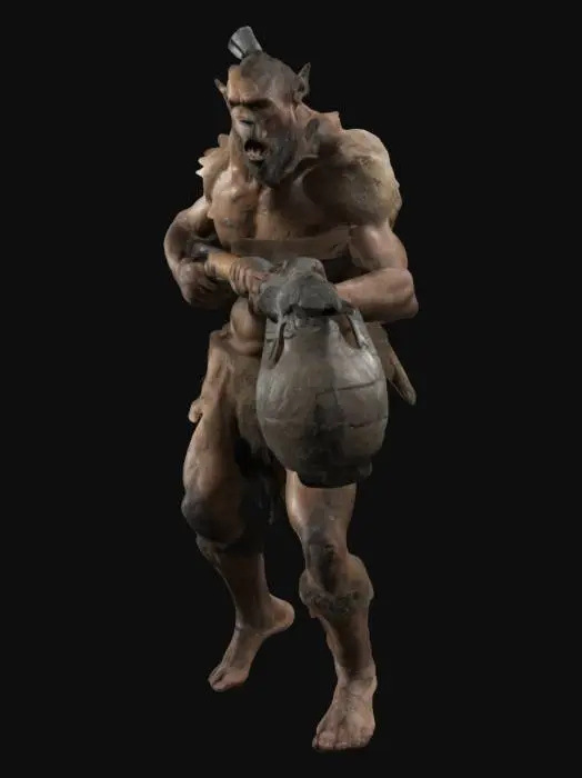 3D model for Prehistoric man, rough, broad in the shoulders wearing a skin of a prehistoric Cave bear, legs and bare large feet are dirty, also his hands are large and rogh. His weapon is large  a Catapult, loaded with a large , Highly Detailed, Ultra Realistic, hand
grenade. He is ready to shoot the hand grenade with the catapult.