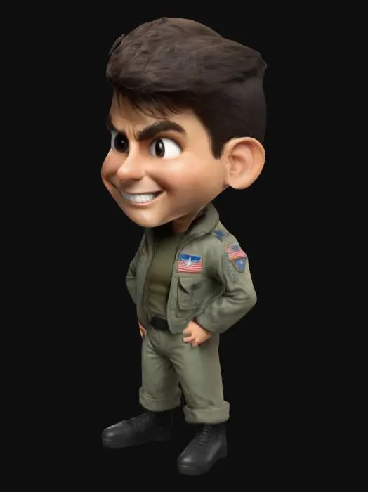3D model for A , Highly Detailed, A-pose, Full Body, caricature of Tom Cruise Top Gun style.  Head 200% and  body and limbs 50%.
Big Smile