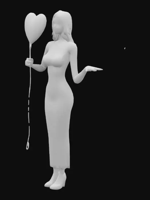 3D model for #valentine#, Extreme detailed, Ultra Realistic woman, wearing a silk pink dress , her body shape is 24-36-24, the head is a heart shaped, Shiny, red Helium Foilballoon,  one Face, Smiling , pink lips ,  White shoes. T-pose