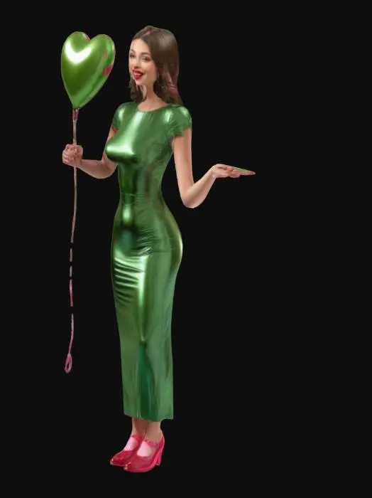 3D model for #valentine#, Extreme detailed, Ultra Realistic woman, wearing a silk pink dress , her body shape is 24-36-24, the head is a heart shaped, Shiny, red Helium Foilballoon,  one Face, Smiling , pink lips ,  White shoes. T-pose