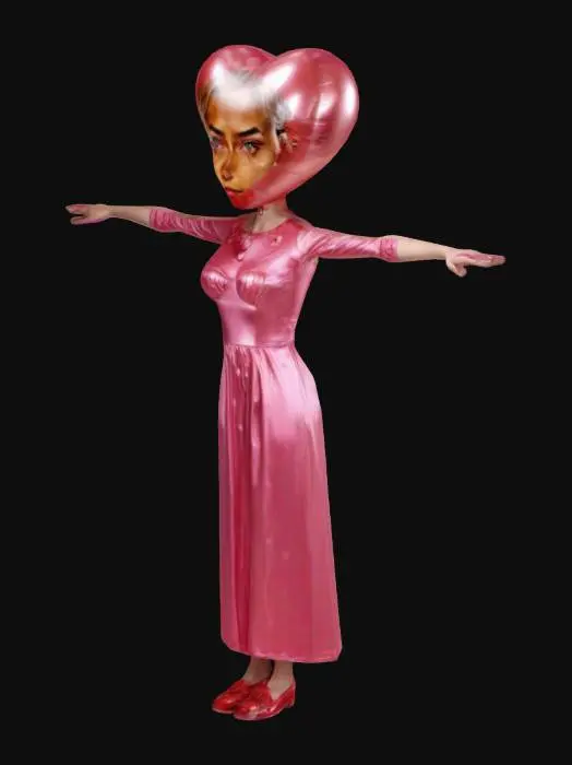 3D model for #valentine#, Extreme detailed, Ultra Realistic woman, wearing a silk pink dress , her body shape is 24-36-24, the head is a heart shaped, Shiny, red Helium Foilballoon,  one Face, Smiling , pink lips ,  White shoes. T-pose