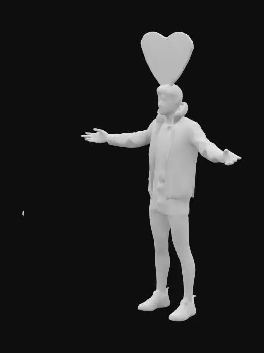 3D model for #valentine#, Extreme detailed, Ultra Realistic, Man, wearing a Blacck jaker with red hearts and  jeans , his  body shape is  30-inch waist, 49-inch shoulders, the head is a heart shaped, Shiny, blue Helium Foilballoon,  one Face, Smiling , pink lips ,  White shoes. T-pose
