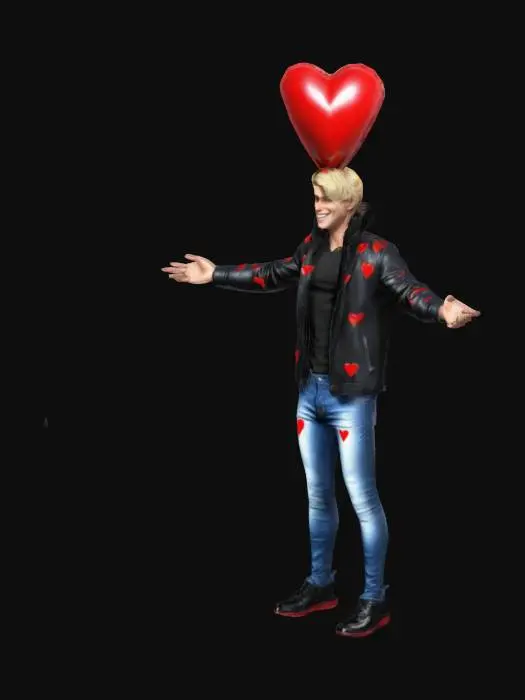 3D model for #valentine#, Extreme detailed, Ultra Realistic, Man, wearing a Blacck jaker with red hearts and  jeans , his  body shape is  30-inch waist, 49-inch shoulders, the head is a heart shaped, Shiny, blue Helium Foilballoon,  one Face, Smiling , pink lips ,  White shoes. T-pose