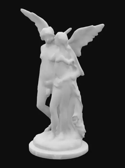 3D model for #valentine#, The sculpture depicts Cupid and Psyche, made of smooth , Highly Detailed, Ultra Realistic, Polished and textured Marble. Draped over Psyche  is a long shawl looks like silk, covering also her groin, Eros Left arm covers her  breats.  The  statue stands on a rough marble rock. Both Eros an Psyche has each two arms, two legs and one face