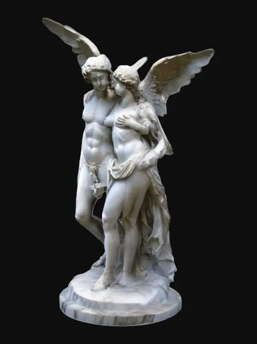 3D model for #valentine#, The sculpture depicts Cupid and Psyche, made of smooth , Highly Detailed, Ultra Realistic, Polished and textured Marble. Draped over Psyche  is a long shawl looks like silk, covering also her groin, Eros Left arm covers her  breats.  The  statue stands on a rough marble rock. Both Eros an Psyche has each two arms, two legs and one face