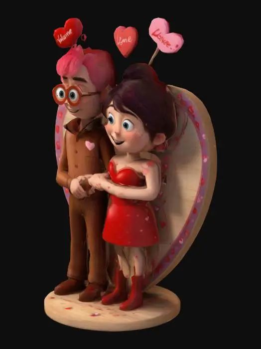 3D model for #valentine#,  Pixar Style, Extreme details , Smooth Valentine Lovers, stnding in a open Wooden heart  