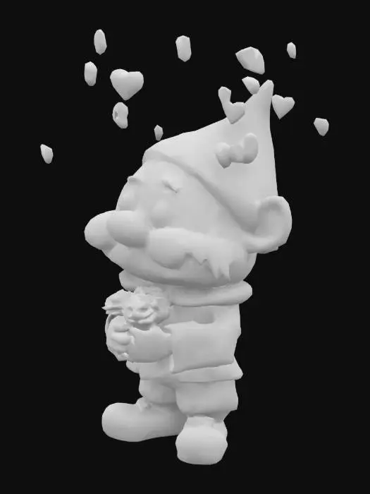 3D model for #valentine#,  Cartoonish, Disney, Snow White and  the dwarf Bashful.  They Face each other , a little distance between them, Bashful  the dwarf has roses in his hands.  While little hearts  swirl above Bashfull his head.