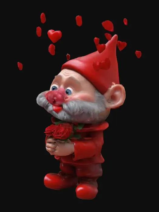 3D model for #valentine#,  Cartoonish, Disney, Snow White and  the dwarf Bashful.  They Face each other , a little distance between them, Bashful  the dwarf has roses in his hands.  While little hearts  swirl above Bashfull his head.