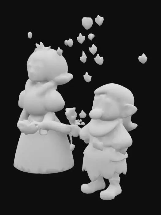 3D model for #valentine#,  Cartoonish, Disney, Snow White and  the dwarf Bashful.  They Face each other , a little distance between them, Bashful  the dwarf has roses in his hands.  While little hearts  swirl above Bashfull his head.