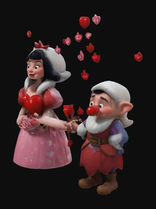 3D model for #valentine#,  Cartoonish, Disney, Snow White and  the dwarf Bashful.  They Face each other , a little distance between them, Bashful  the dwarf has roses in his hands.  While little hearts  swirl above Bashfull his head.