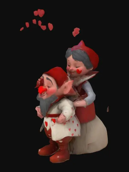 3D model for #valentine#,  Cartoonish, Disney, Snow White and  the dwarf Bashful.  They Face each other , a little distance between them, Bashful  the dwarf has roses in his hands.  While little hearts  swirl above Bashfull his head.