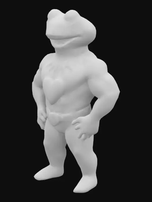 3D model for #valentine#, Muscular superhero Kermit the frog, Polished heart emblem on Spandex like suit.
