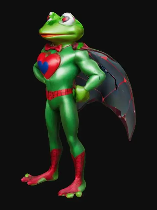 3D model for #valentine#, Muscular superhero Kermit the frog, Polished heart emblem on Spandex like suit.
