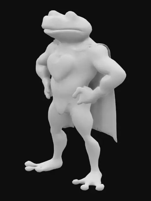3D model for #valentine#, Muscular superhero Kermit the frog, Polished heart emblem on Spandex like suit.