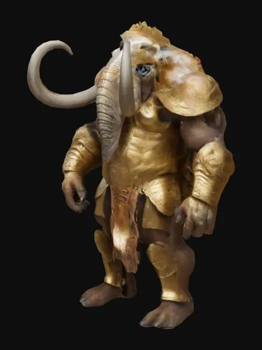 3D model for Fantasy, Very Muscular elephant or mammoth, biped, anthromorphic, one head, two arms and two legs Very high quality, Highly Detailed. 
Wearing a fitting Mandelorianlike shiny and polished Armor, Fight poses. The textures are from all sides , Highly Detailed, Ultra Realistic, pay extra attention to the body sides and the inside of the arm and legs.
  