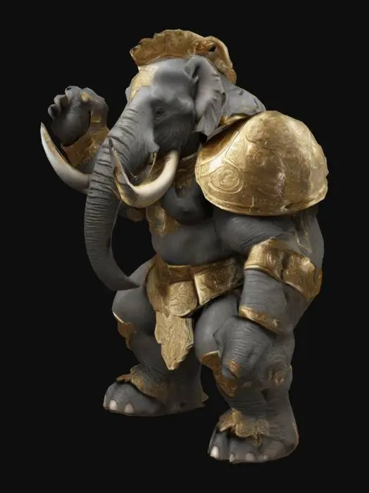 3D model for Fantasy, Very Muscular elephant or mammoth, biped, anthromorphic, one head, two arms and two legs Very high quality, Highly Detailed. 
Wearing a fitting Mandelorianlike shiny and polished Armor, Fight poses. The textures are from all sides , Highly Detailed, Ultra Realistic, pay extra attention to the body sides and the inside of the arm and legs.
  