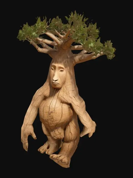 3D model for Create Highly Detailed, Full Body, A-pose, Fantasy, antromorphe Baobad tree, wit one wooden face, twoo legs and two arms. The tree had angular branches with Highly Detailed, Ultra Realistic,  leaves 
