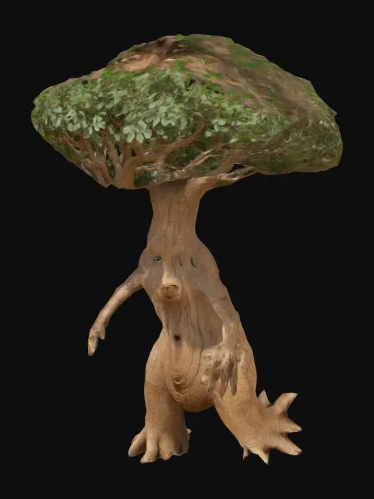 3D model for Create Highly Detailed, Full Body, A-pose, Fantasy, antromorphe Baobad tree, wit one wooden face, twoo legs and two arms. The tree had angular branches with Highly Detailed, Ultra Realistic,  leaves 