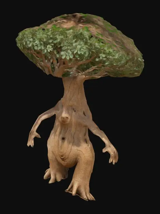3D model for Create Highly Detailed, Full Body, A-pose, Fantasy, antromorphe Baobad tree, wit one wooden face, twoo legs and two arms. The tree had angular branches with Highly Detailed, Ultra Realistic,  leaves 