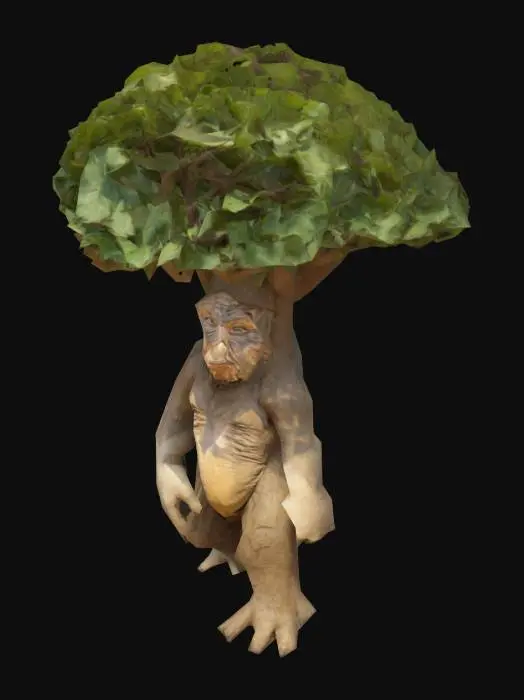 3D model for Create Highly Detailed, Full Body, A-pose, Fantasy, antromorphe Baobad tree, wit one wooden face, twoo legs and two arms. The tree had angular branches with Highly Detailed, Ultra Realistic,  leaves 