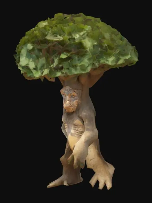 3D model for Create Highly Detailed, Full Body, A-pose, Fantasy, antromorphe Baobad tree, wit one wooden face, twoo legs and two arms. The tree had angular branches with Highly Detailed, Ultra Realistic,  leaves 