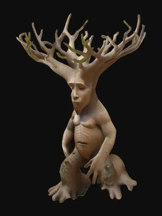 3D model for Create Highly Detailed, Full Body, A-pose, Fantasy, antromorphe Baobad tree, wit one wooden face, twoo legs and two arms. The tree had angular branches with Highly Detailed, Ultra Realistic,  leaves 