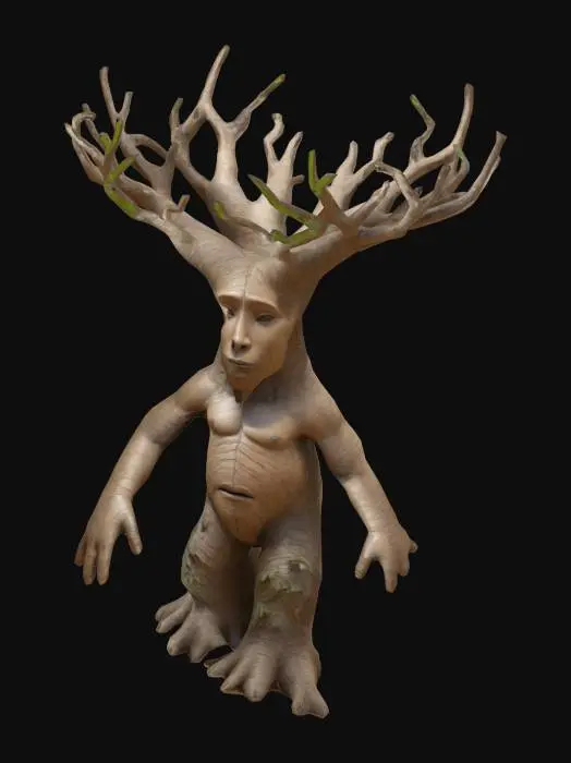 3D model for Create Highly Detailed, Full Body, A-pose, Fantasy, antromorphe Baobad tree, wit one wooden face, twoo legs and two arms. The tree had angular branches with Highly Detailed, Ultra Realistic,  leaves 