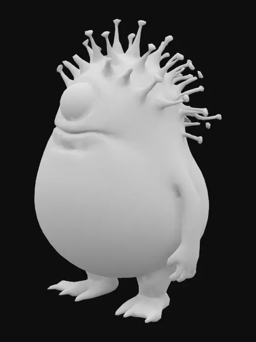 3D model for Fantasy, Highly Detailed, Ultra Realistic, Create  a  large , mysterious  , whimsical Shaun Tan creature resembling a large, bulbous mammal with a single big, expressive yellow eye and soft pink skin. I has som spikey protrusions on his back. Full body