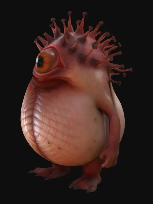 3D model for Fantasy, Highly Detailed, Ultra Realistic, Create  a  large , mysterious  , whimsical Shaun Tan creature resembling a large, bulbous mammal with a single big, expressive yellow eye and soft pink skin. I has som spikey protrusions on his back. Full body