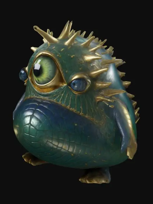 3D model for Fantasy, Highly Detailed, Ultra Realistic, Create  a  large , mysterious  , whimsical Shaun Tan creature resembling a large, bulbous mammal with a single big, expressive yellow eye and soft pink skin. I has som spikey protrusions on his back. Full body