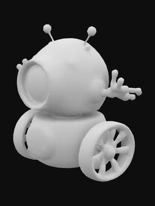 3D model for Create a whimsical robotic figure; main hue is rust red with weathered texture. It features one large, prominent shiny  transparent eye with a brown iris at the top center, flanked by two arms raised. The lower body is rounded resembling a barrel on two large, simple wheels.
Full body.