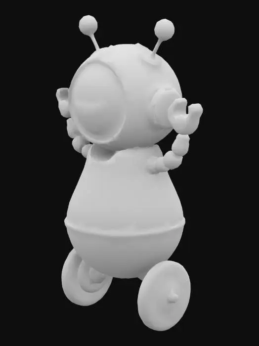 3D model for Create a whimsical robotic figure; main hue is rust red with weathered texture. It features one large, prominent shiny  transparent eye with a brown iris at the top center, flanked by two arms raised. The lower body is rounded resembling a barrel on two large, simple wheels.
Full body.