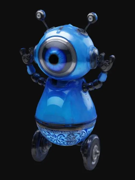 3D model for Create a whimsical robotic figure; main hue is rust red with weathered texture. It features one large, prominent shiny  transparent eye with a brown iris at the top center, flanked by two arms raised. The lower body is rounded resembling a barrel on two large, simple wheels.
Full body.