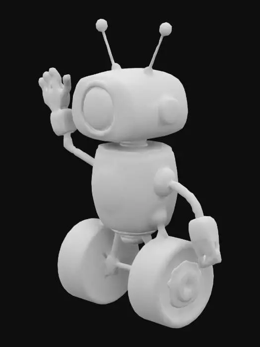 3D model for Create a whimsical robotic figure; main hue is rust red with weathered texture. It features one large, prominent shiny  transparent eye with a brown iris at the top center, flanked by two arms raised. The lower body is rounded resembling a barrel on two large, simple wheels.
Full body.