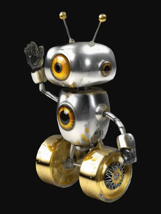 3D model for Create a whimsical robotic figure; main hue is rust red with weathered texture. It features one large, prominent shiny  transparent eye with a brown iris at the top center, flanked by two arms raised. The lower body is rounded resembling a barrel on two large, simple wheels.
Full body.