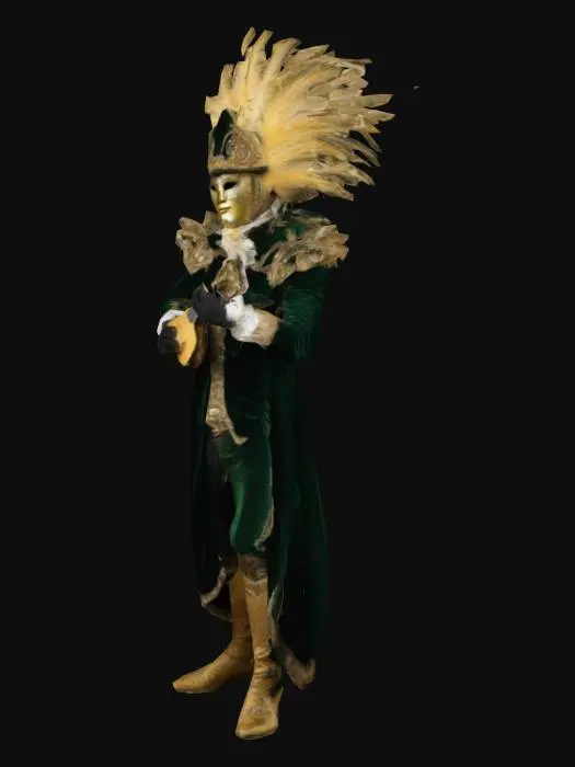 3D model for A Venetian carnival performer in an elegant, detailed costume with dominant purple and silver colors. He wears an elaborate mask with fine black accents that makes his face appear mysterious. His hat is decorated with feathers and shiny fabrics, and a noble satin cape flows over his shoulders. In his gloved hands he holds a mandolin, adorned with ribbons and beads. The mood is fairytale-like and nostalgic, as if the figure comes from another time.